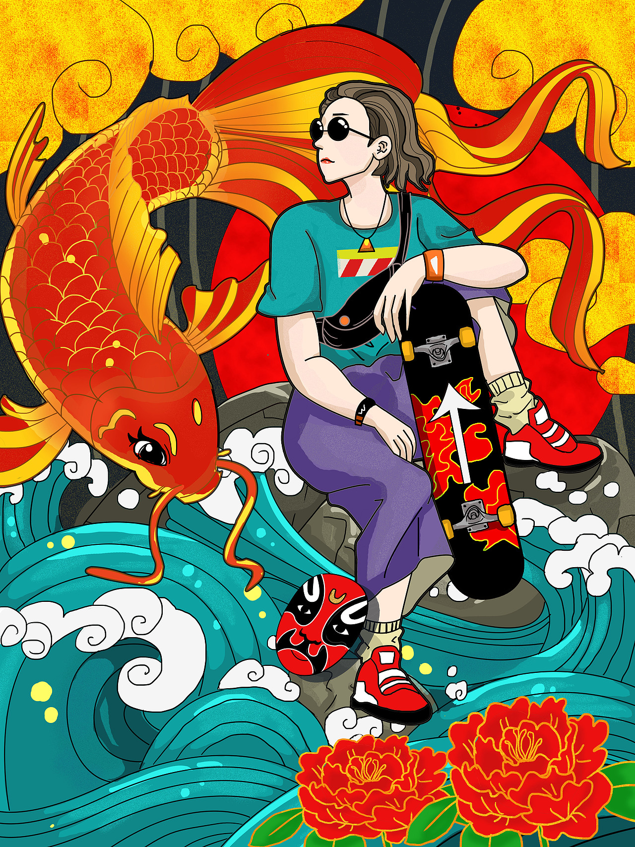 原创作品插画创作习作国潮风格锦鲤青年滑板手绘wd77wd77wd77表情05