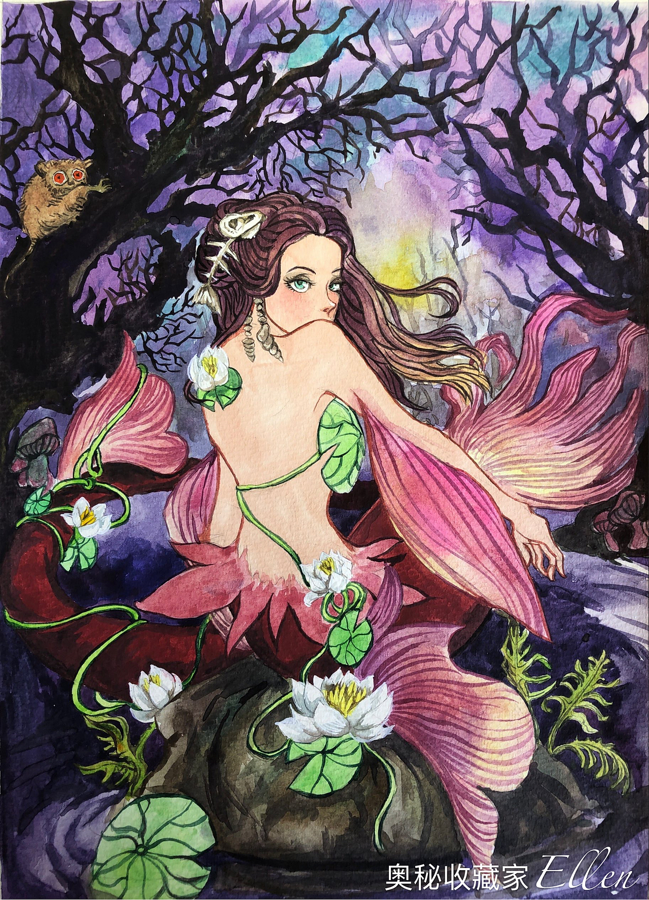 水彩插画格林童话之池中水妖