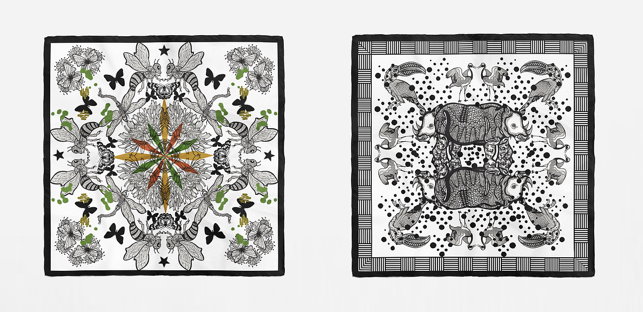 手绘动物组合图案丝巾/T恤设计