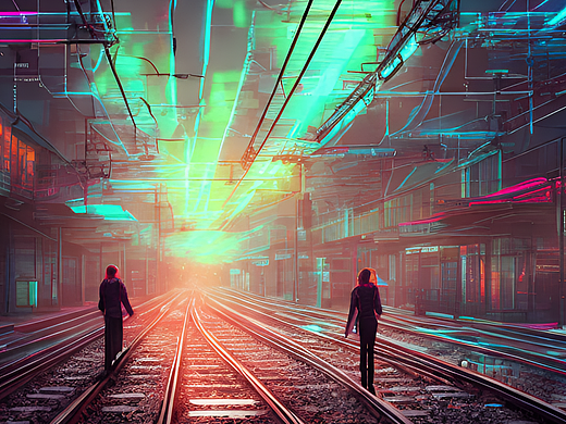 赛博朋克街道，霓虹灯，铁路延伸