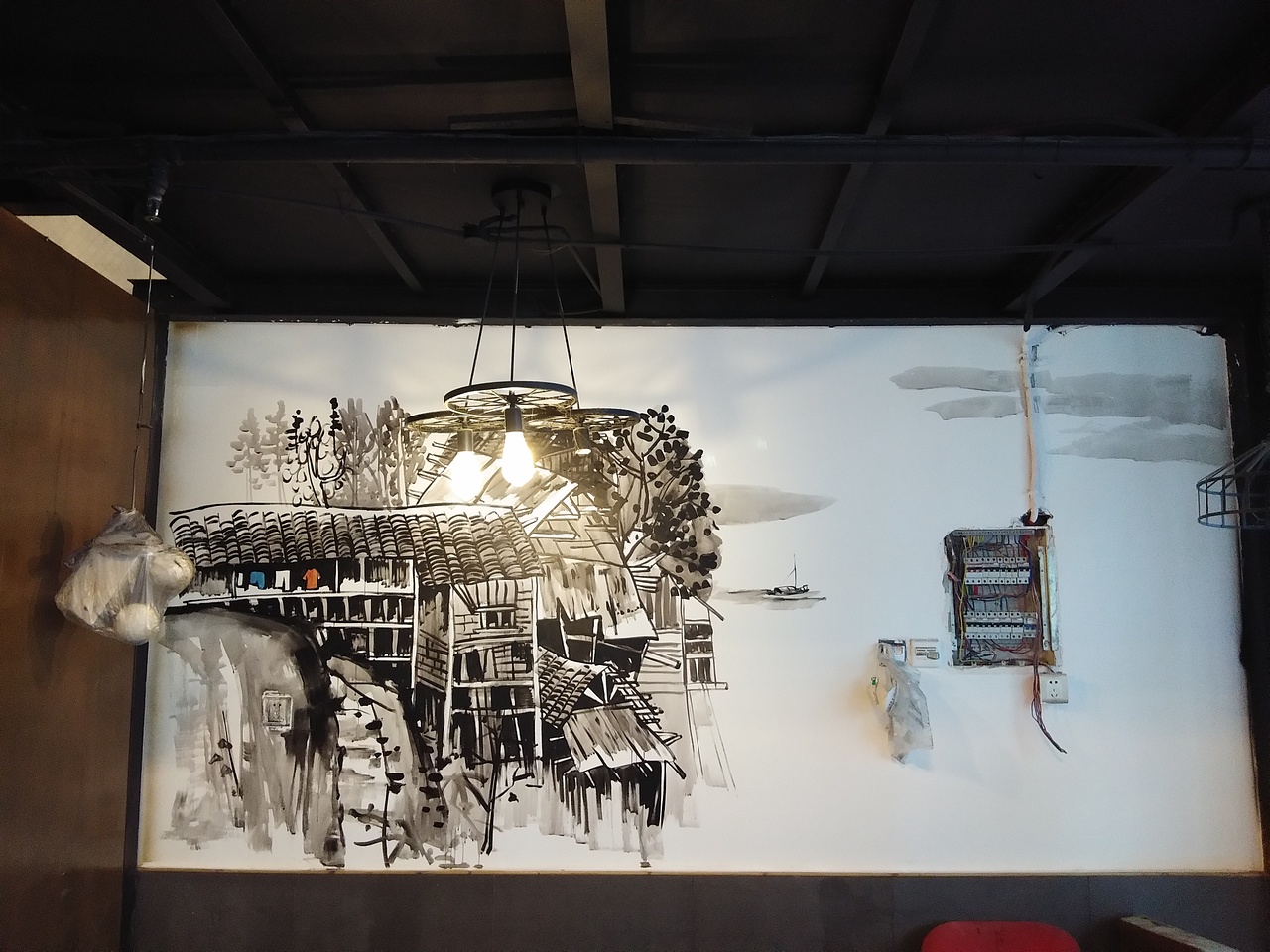 成都烧烤店主题黑白墙绘完成，带你回味老味道！