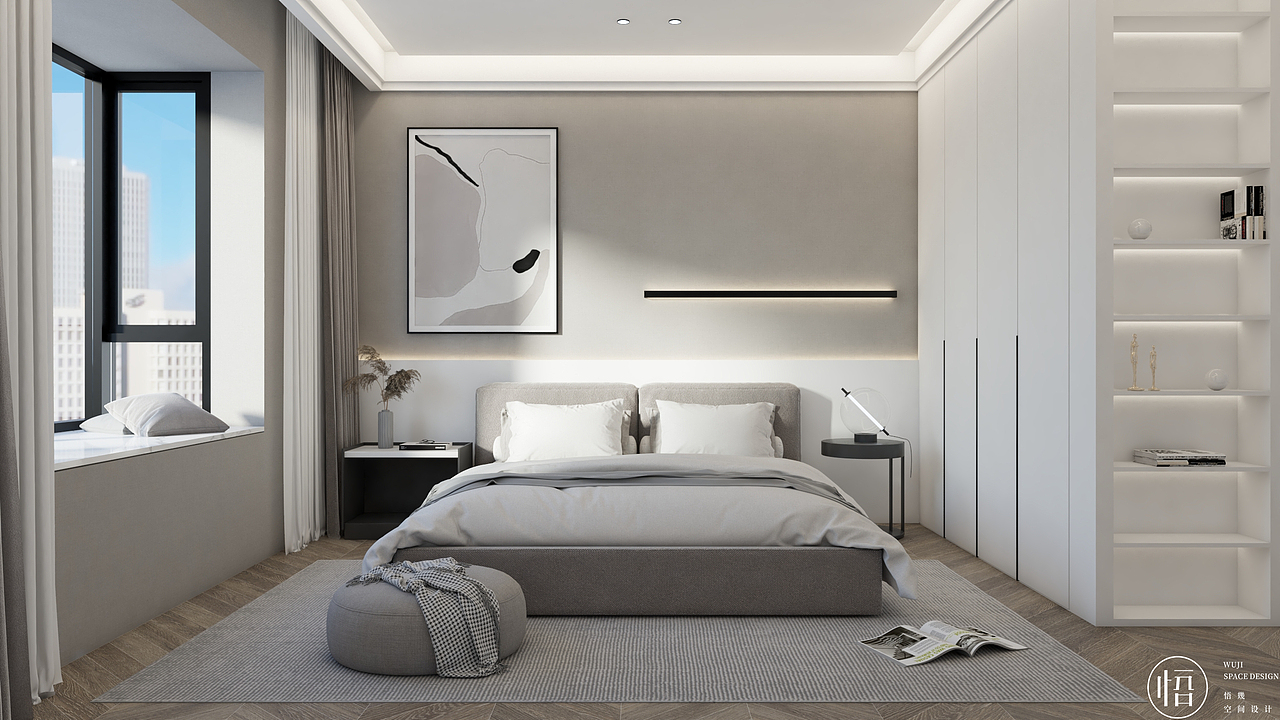 卧室,bedroom  br>床头的灯带能充当夜灯, br>整个空间看起来雅种又