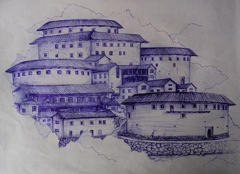 圆珠笔之福建土楼风景