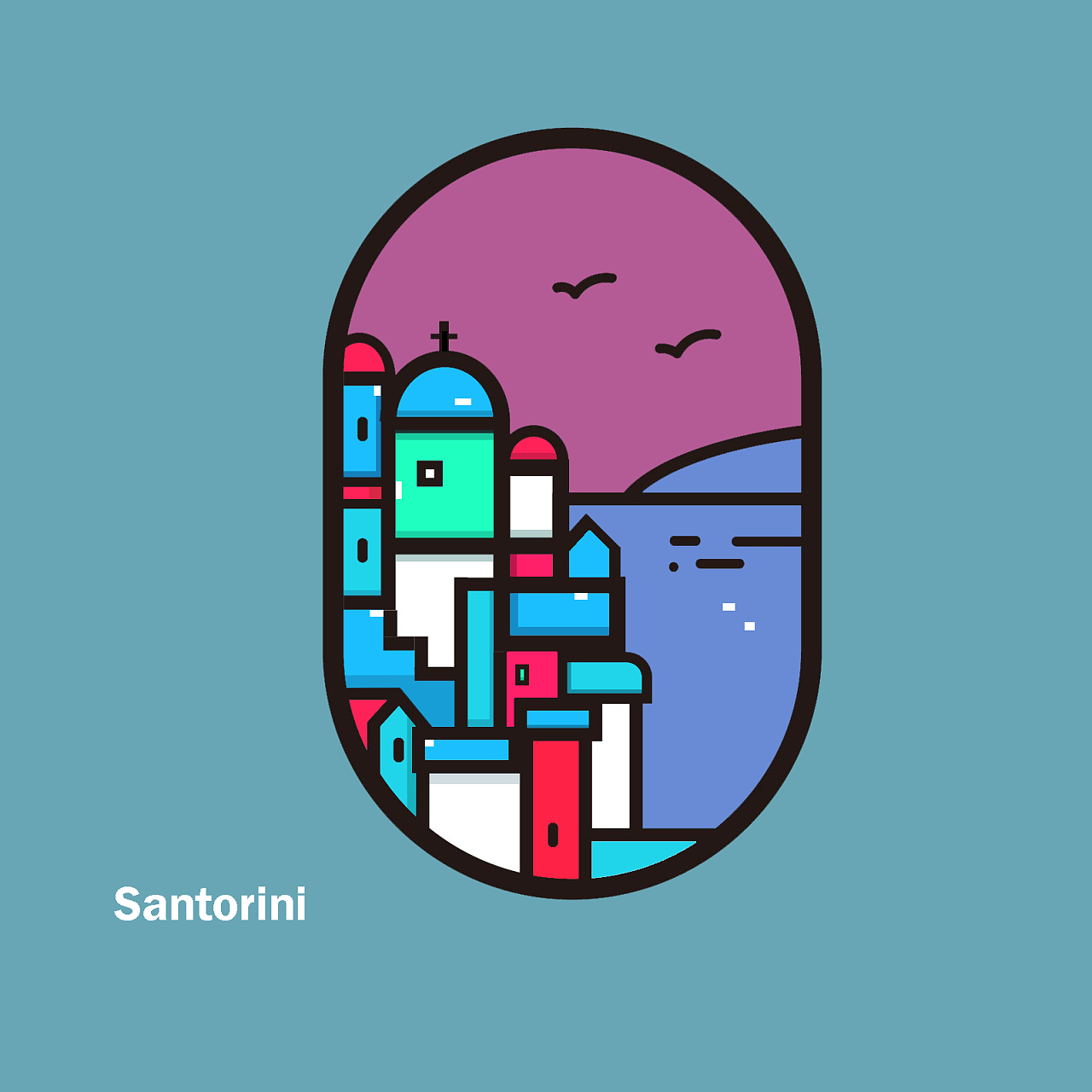 圣托里尼小镇插画
