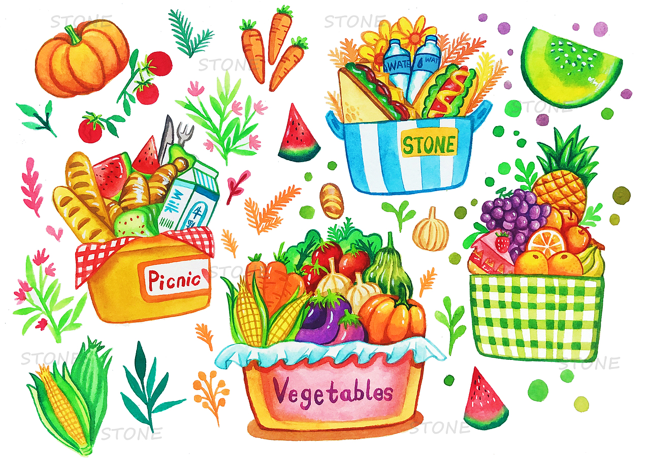 水彩插画—野餐篮系列