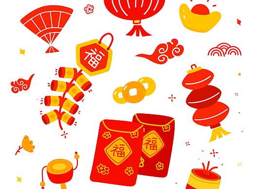 扁平涂鸦风插画-新年春节氛围元素手绘元素
