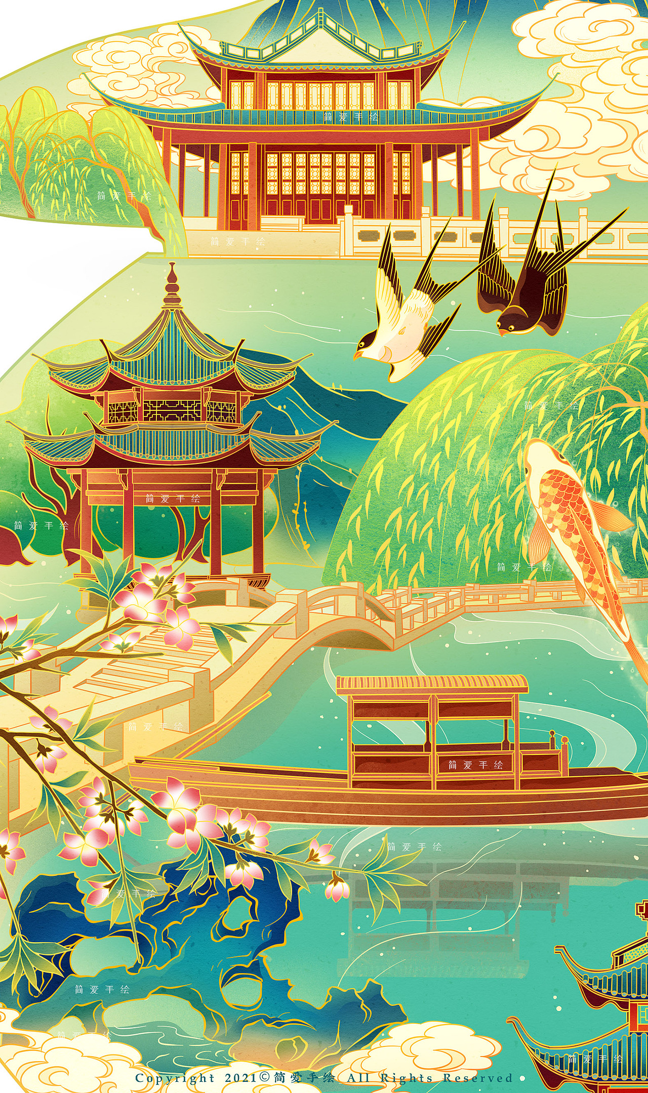 【西湖十景】杭州主题国风插画 _简爱手绘-站酷zcool