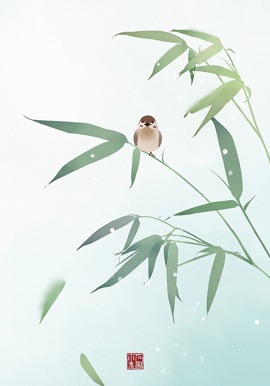古风水彩插画——竹子麻雀