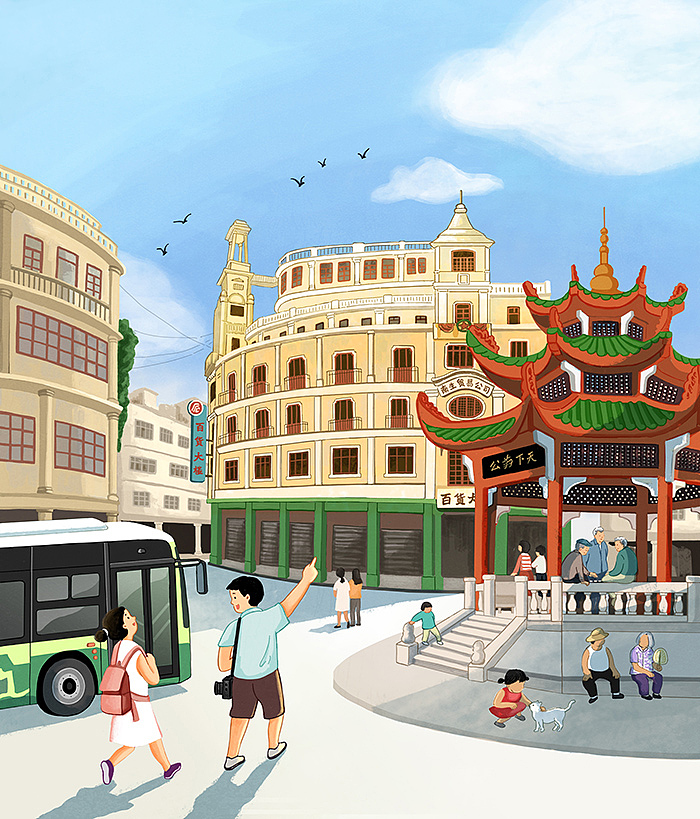 腾讯乘车码汕头车票票面插画——小公园