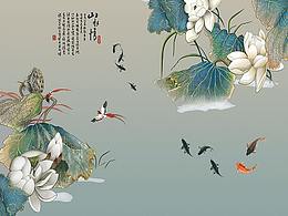 新中式电视背景墙 山水荷花九鱼图 