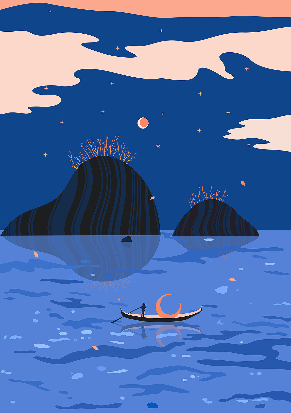 小舟闯入画布,惹起了暗板岩蓝色的涟漪.