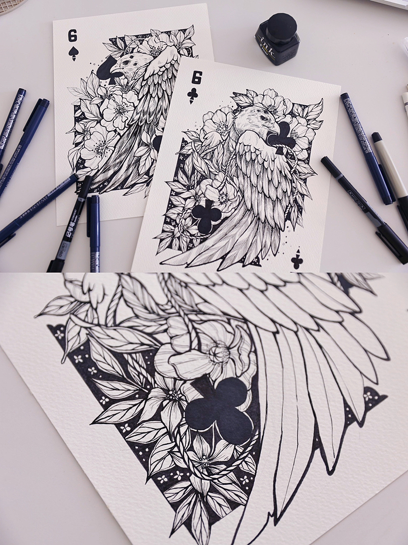 ♣️6|手绘一套扑克牌|线描装饰画