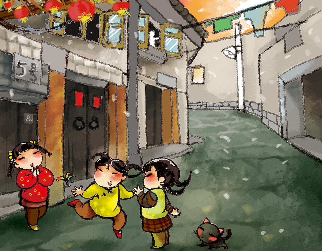 一组国画风味道的上海风情插画