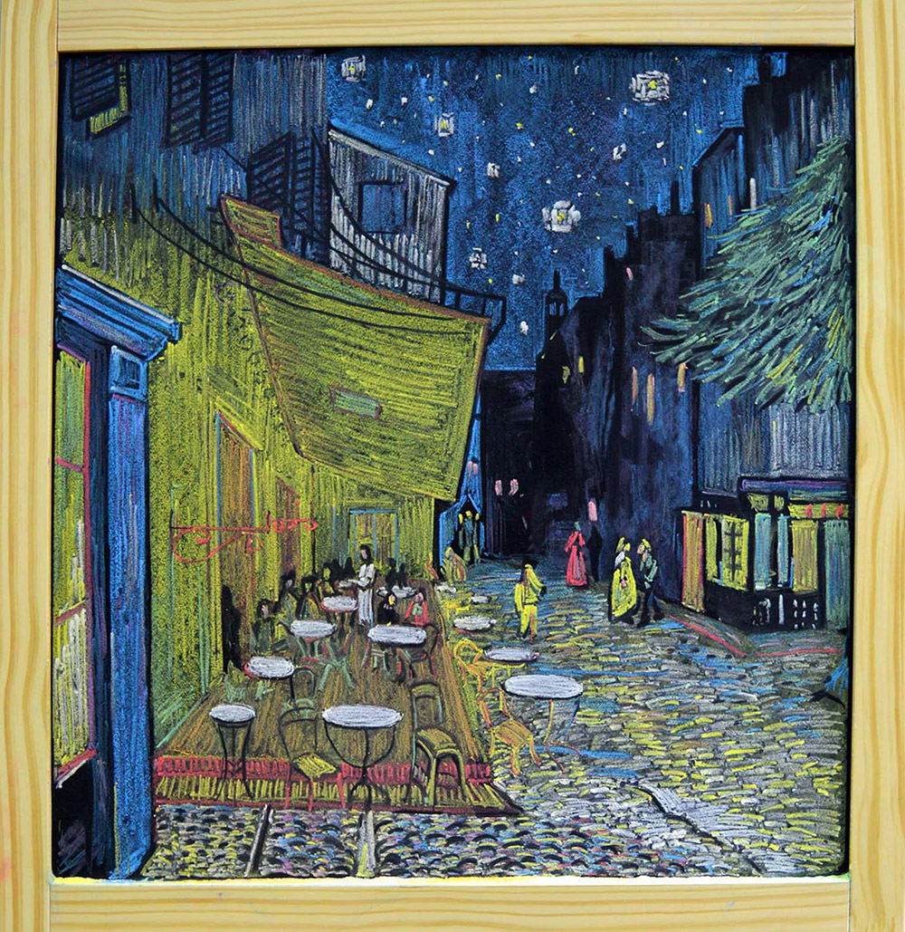 梵高《夜间咖啡馆》临摹了这么多梵高的作品,是因为用粉笔表现梵高的