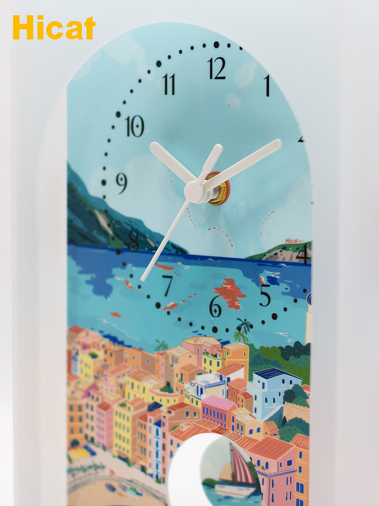 滨海城市风景插画摇摆台钟