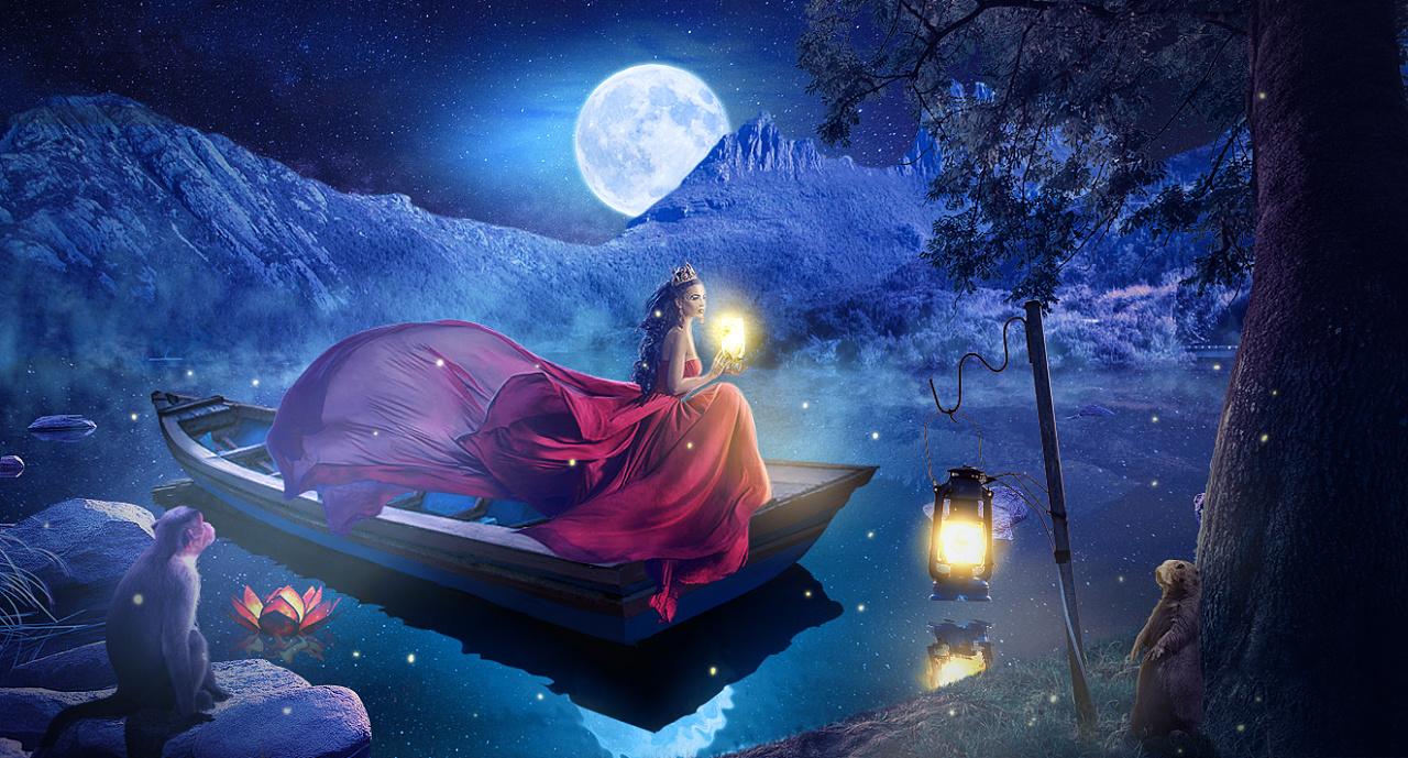 夏天,湖面,小船,美女,萤火虫 黑夜蓝色掉,灯光暖色 附带gif图