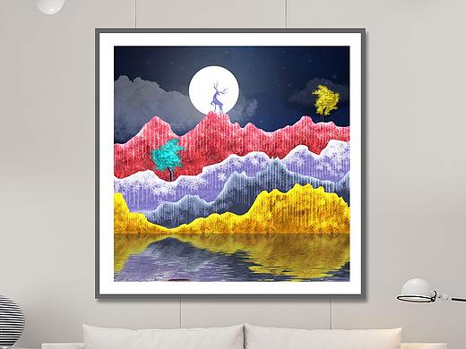 金色山水新中式现代简约森林风景晶瓷装饰画