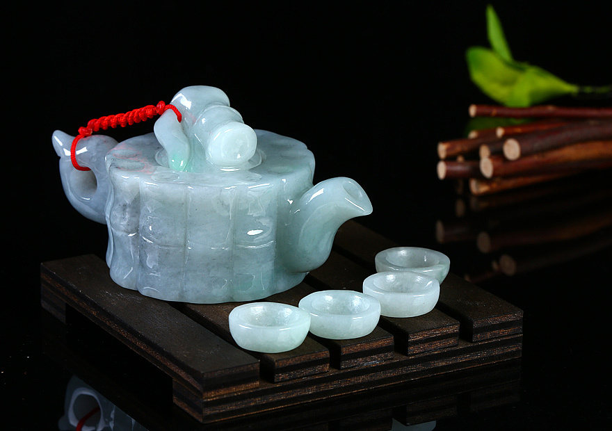 翡翠摄影-翡翠茶壶套装摆件