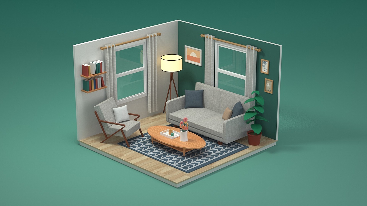 oc渲染练习 c4d建模制作卡通风格小房间