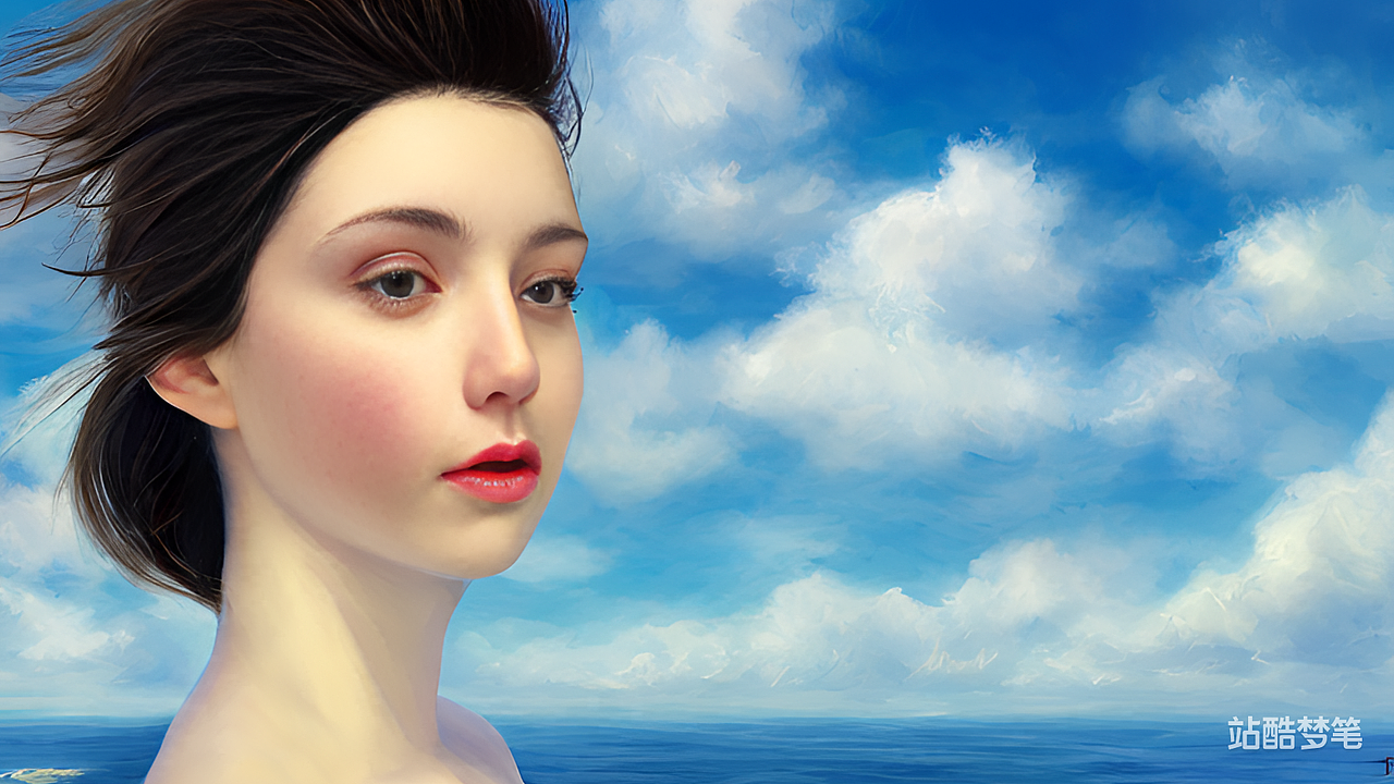 AI创作:蓝天白云下在海边的少女