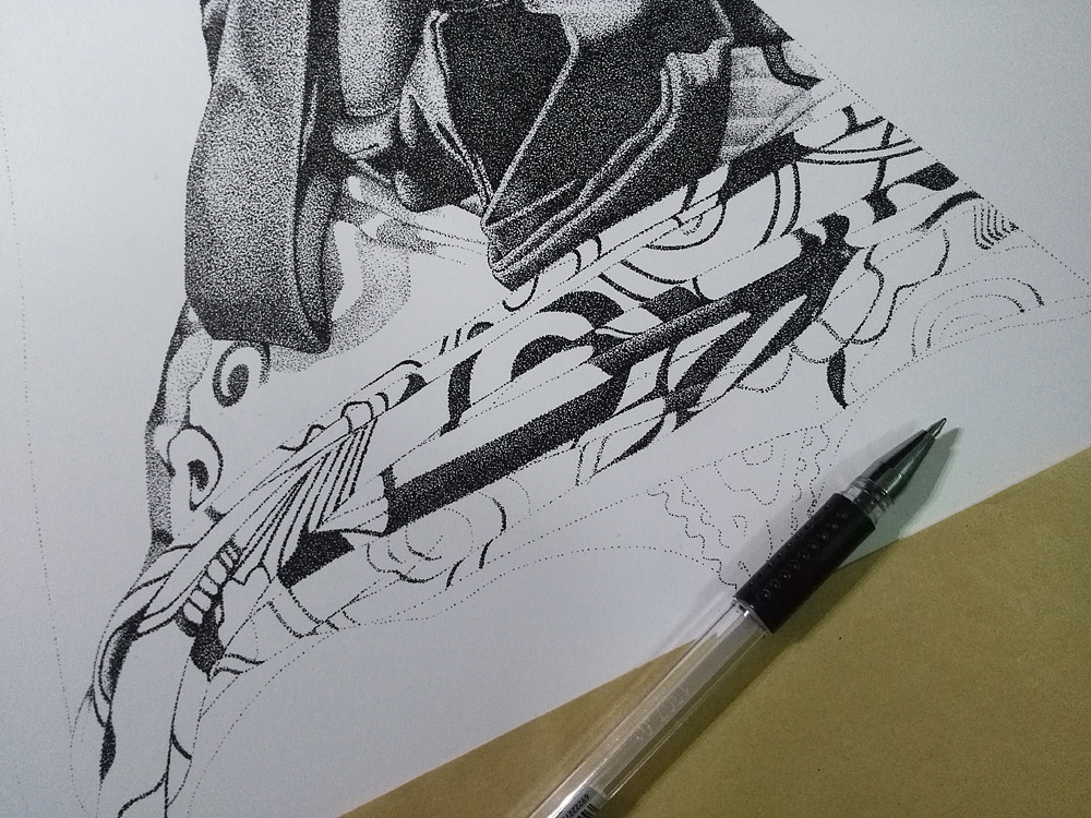 描绘撩起的裙子图案,同样是先处理深色块。