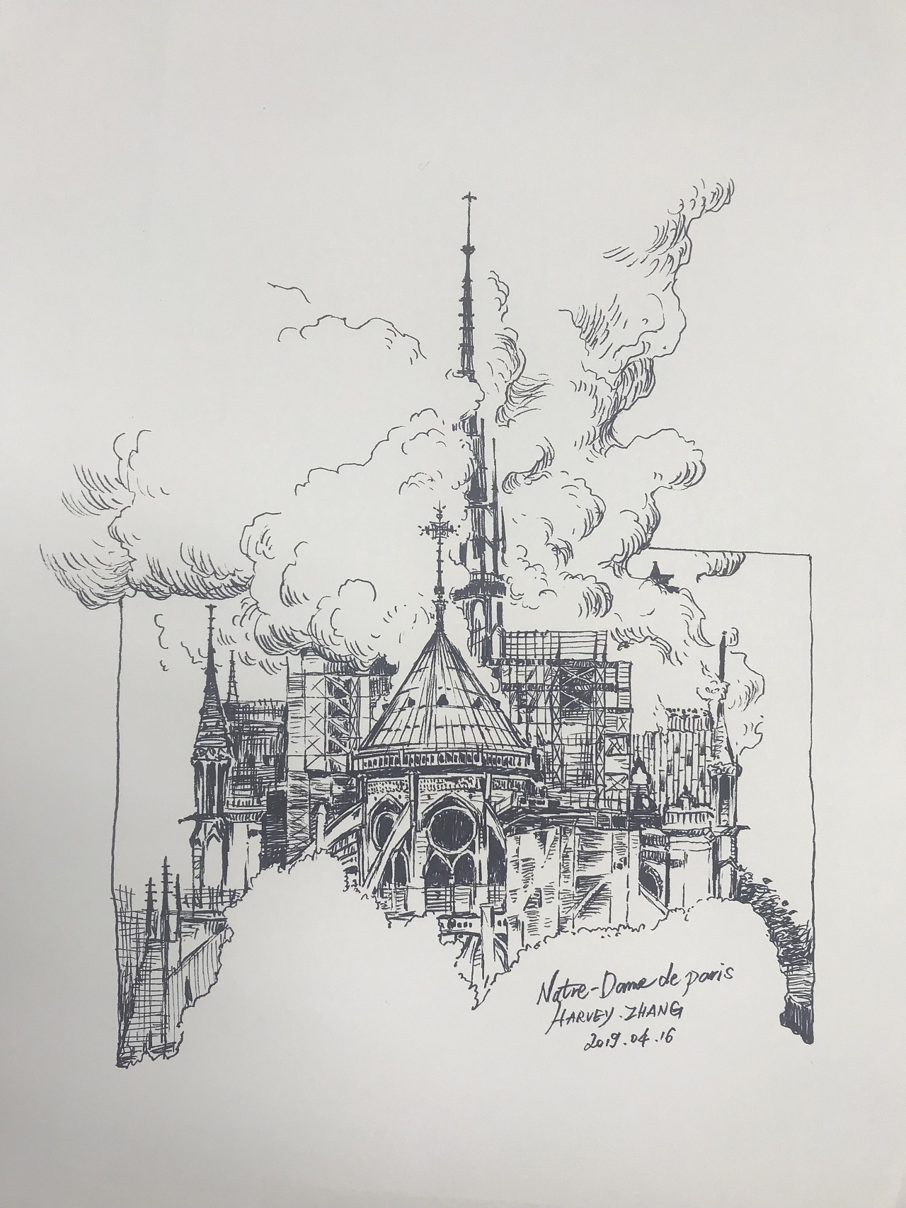 巴黎圣母院西立面线稿图片