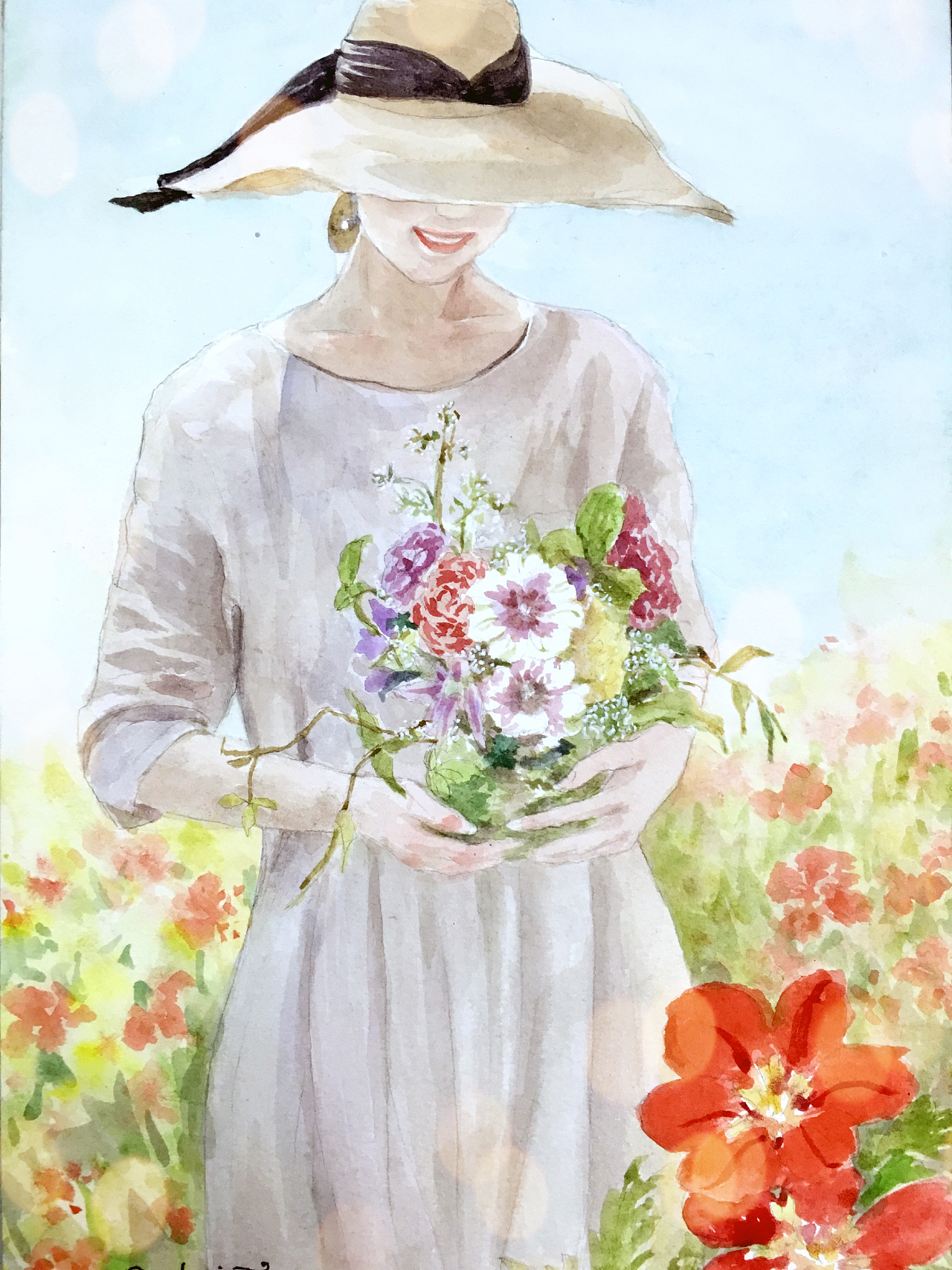 水彩人物插画练习,爱花的女人如花美.