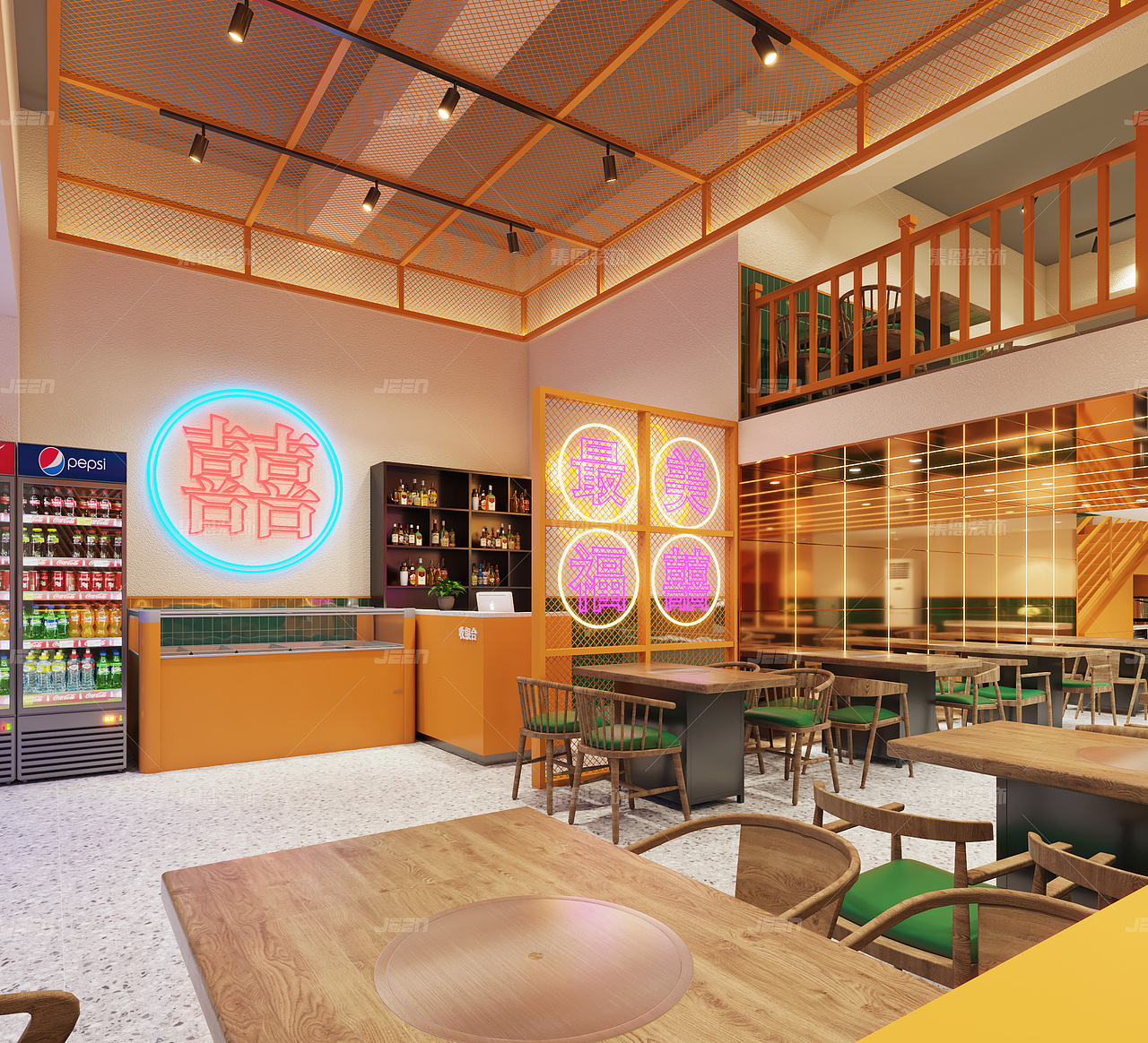 福囍串烤海鲜大排档祭城店_烧烤店设计效果图_集恩装饰（图ZMjU1NDUyMjgw） - 酒店餐饮设计 - 站酷设计师集恩餐饮全案设计原创素材 - 站酷ZCOOL