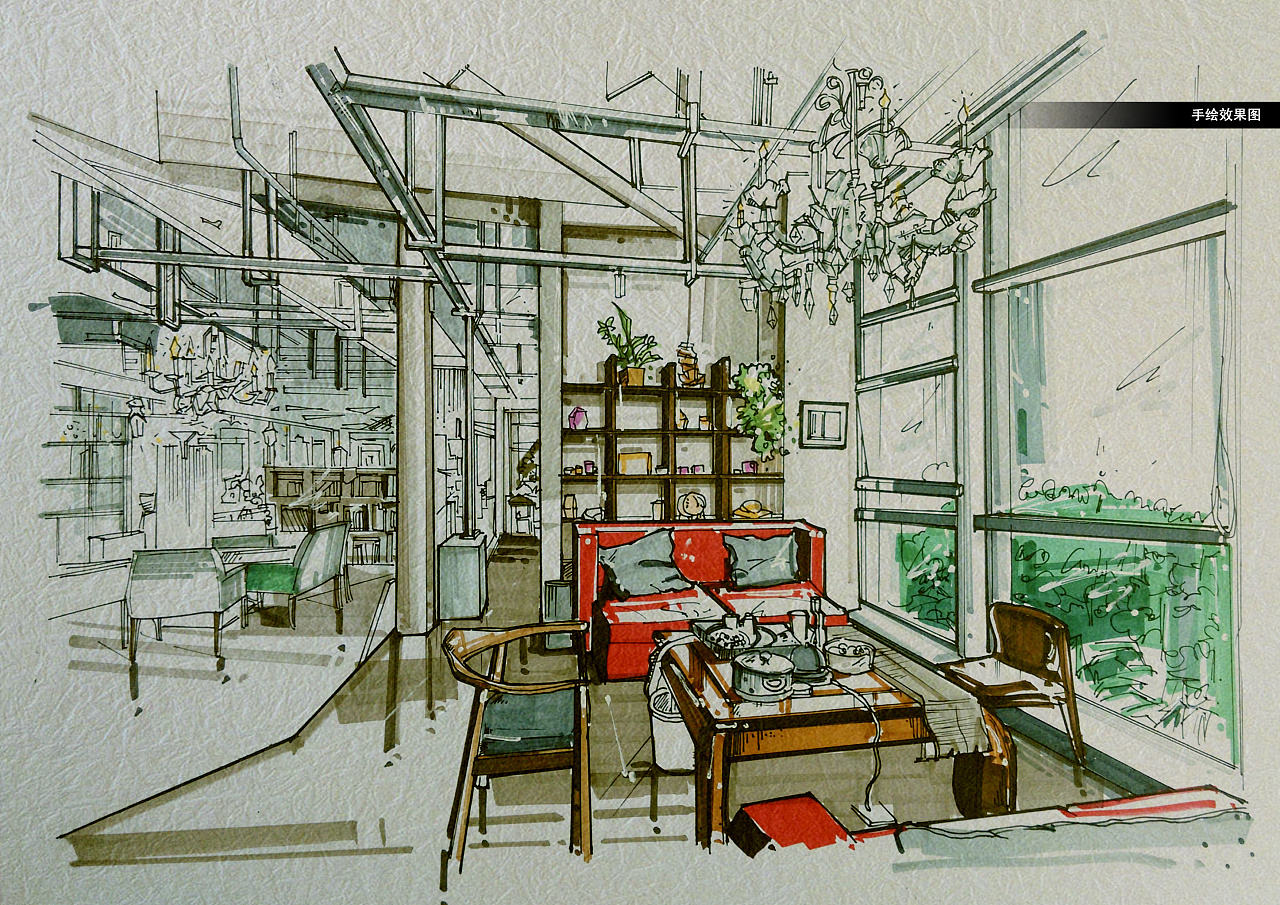 茶室设计效果图手绘,室内效果图手绘,茶室效果图_大山谷图库