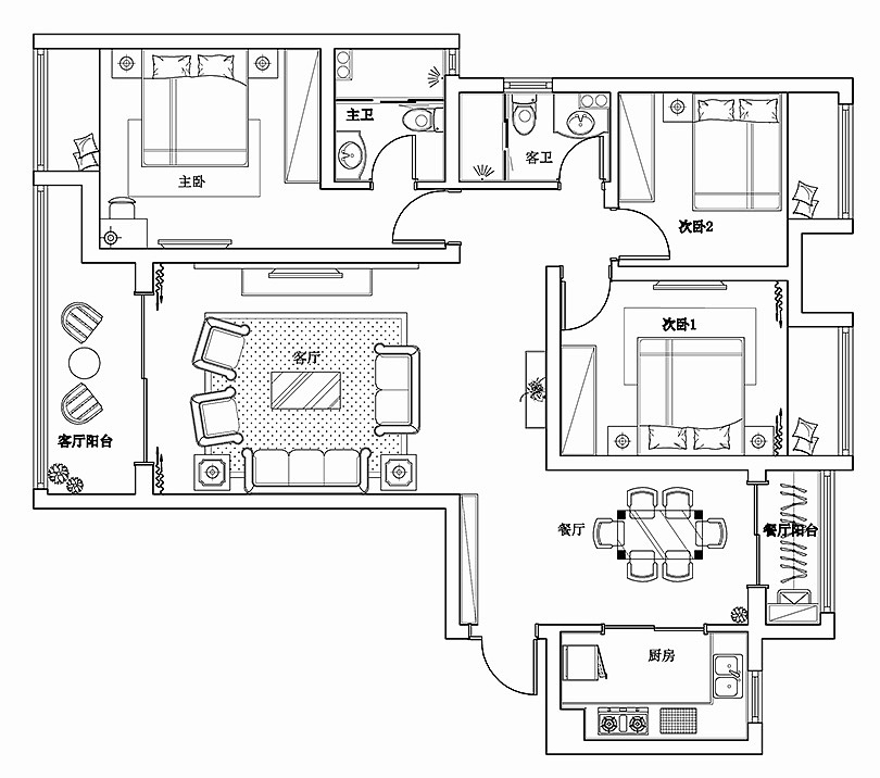 英协生生银河居119平三室两厅户型装修设计家具平面布局——郑州美巢装饰