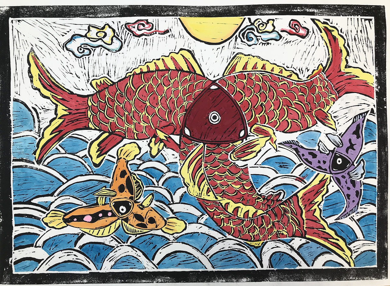三鱼争月 钟馗木版 老虎年画创作