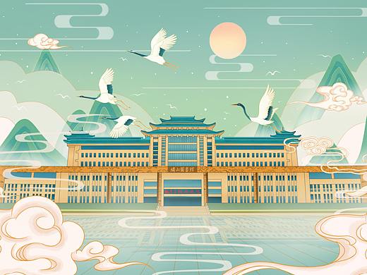 大学图书馆  城市国潮插画