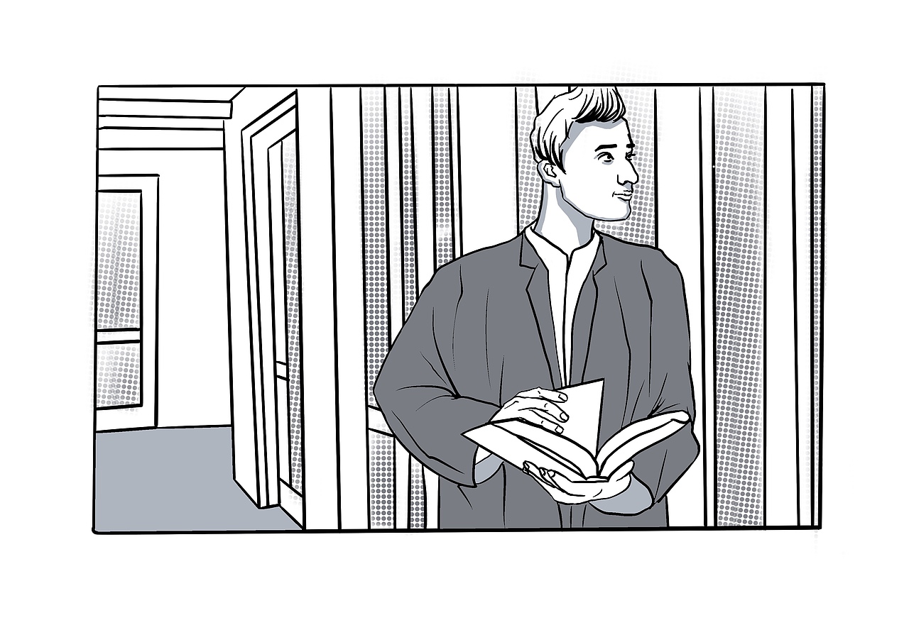 土豪站在窗边远眺,手中拿着一本诗集。