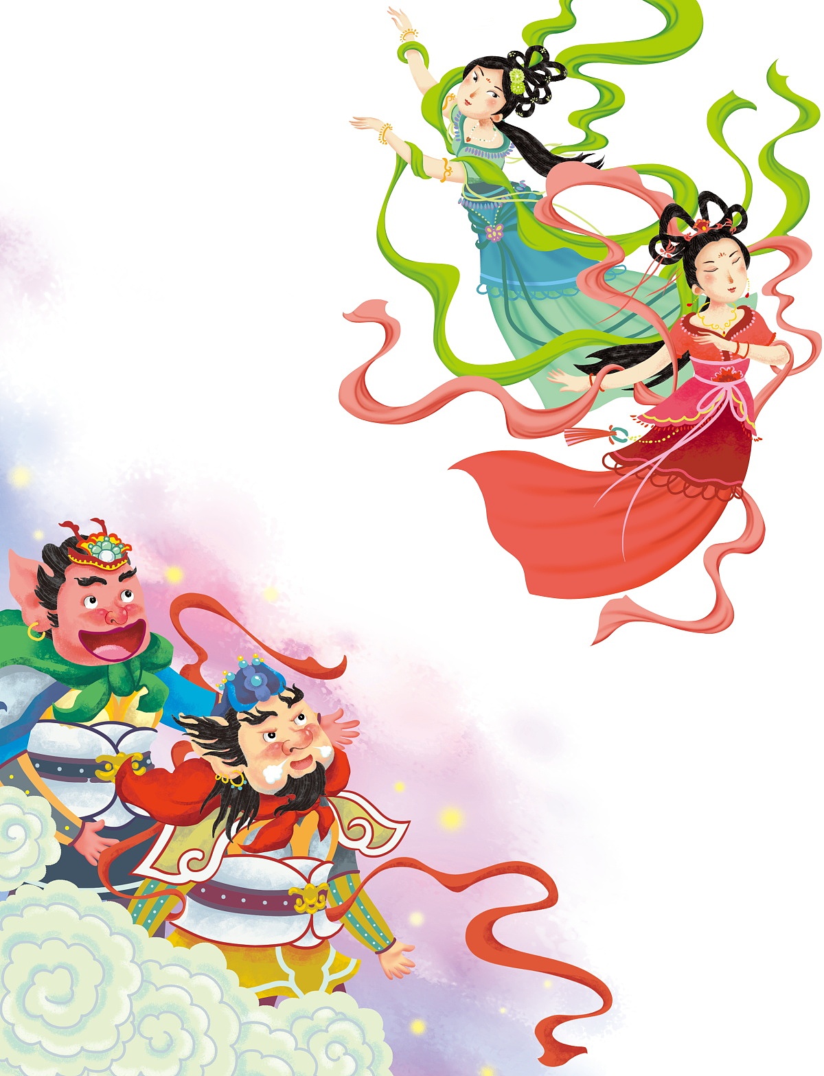 儿童文学门神哼哈二将无线扁平化卡通矢量儿童插画