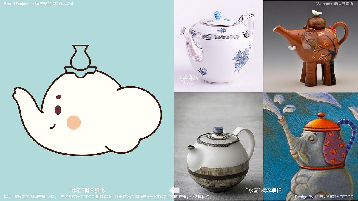 关于符号打造方式中还有一种有效的方式就是“概念转化”,或者说“概念寄生”,在这里加入了创作的想象力:大象的鼻子→喷水→像水喉→想到了水壶,然后也看到同样的想象力路径出现在不同的艺术创作上,所以“水壶+象”的概念融合是可行的!在侧视图中就可以看到设计中把水壶的概念强化了;水壶的造型是成熟的,所以赤犬制造所团队已经出现了兴奋点,那就立体化后的头部造型必然也是好玩有趣且饱满的;