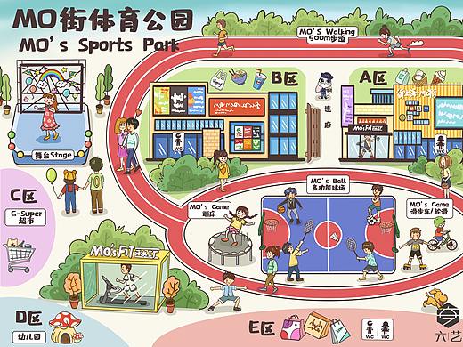 卡通运动街区公园 手绘地图 Q版可爱风插画