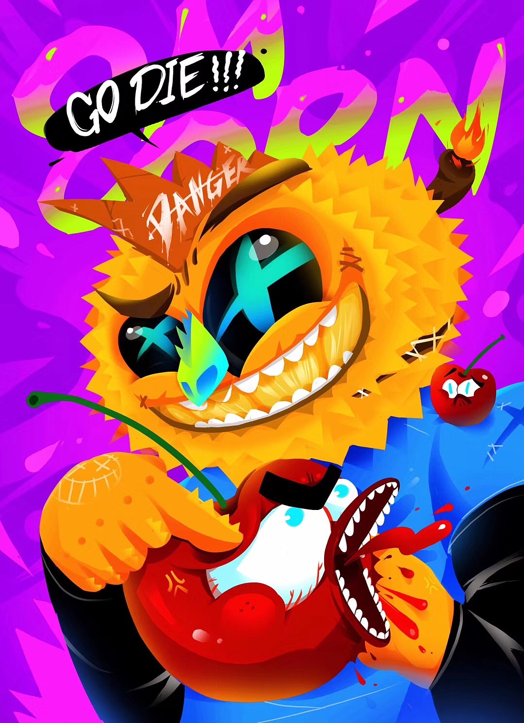 披萨店水果供应商“榴莲霸霸”。
因一段时间老板喜欢吃车厘子而不进它家的榴莲了，出于嫉妒在后厨扒拉开了车厘子，想看看是什么玩意儿居然和自己一样尊贵？！<br>灵感来源：和朋友吃完了一颗榴莲的夜晚，心满意足地回家创造了它。正好那几天因为车厘子打折，总是买来吃，所以结合了一下~哈哈哈