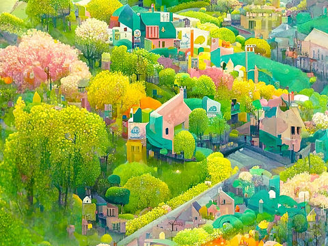 AI绘画档案馆｜彩虹小镇四季·春