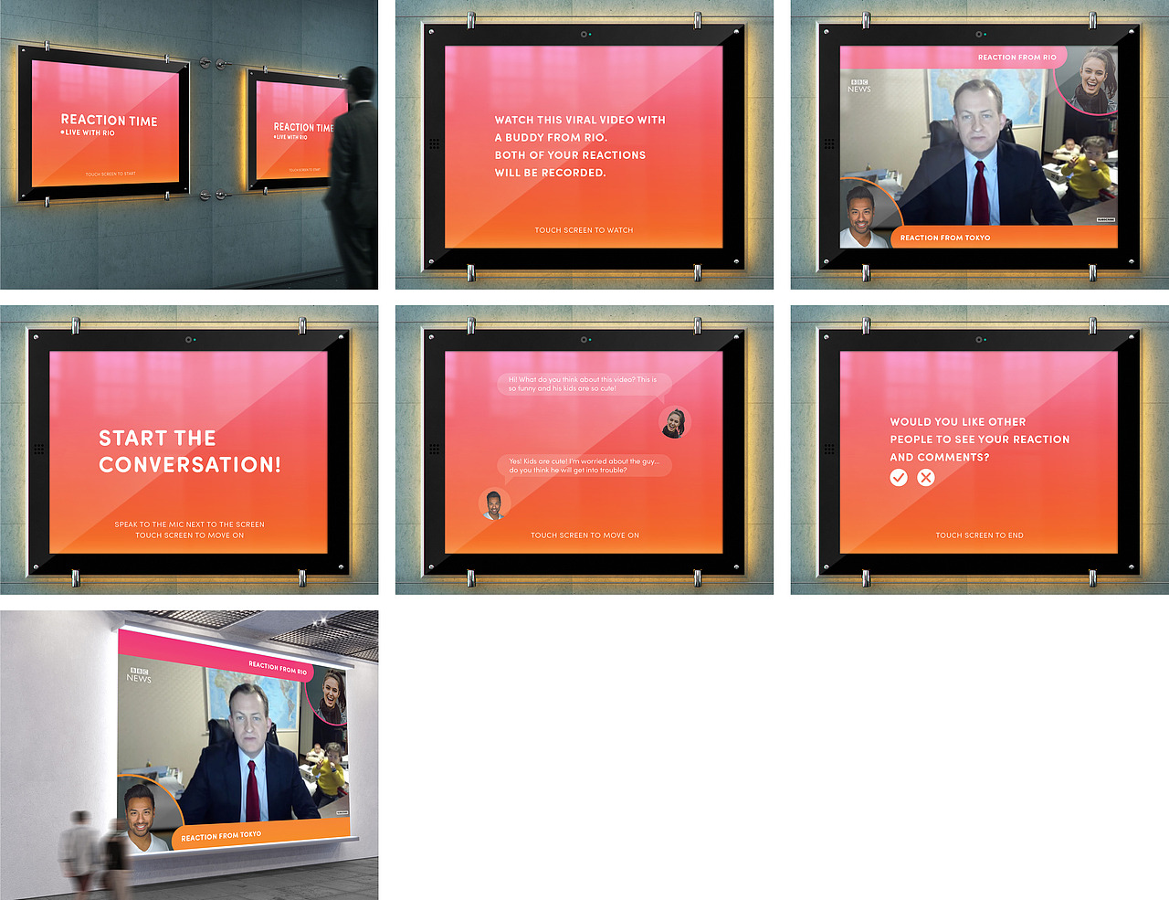 Interactive Activity: Reaction Time
Reaction Time is an interactive experience in which one visitor from each antipodal city will watch the same trending video at the same time. A large screen in the lobby showcases the videos of various visitor interactions and reactions.