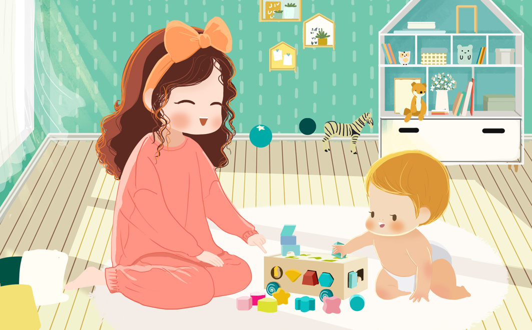 一组暖萌治愈系的亲子题材商业插图