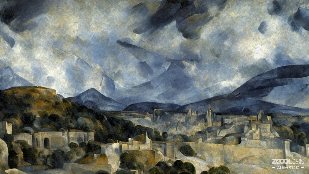 #AI创作实验室#蓝金色的山脉,结构清晰,隐入云中