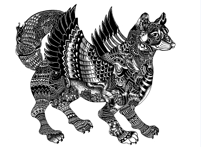 一组山海经黑白线描装饰画