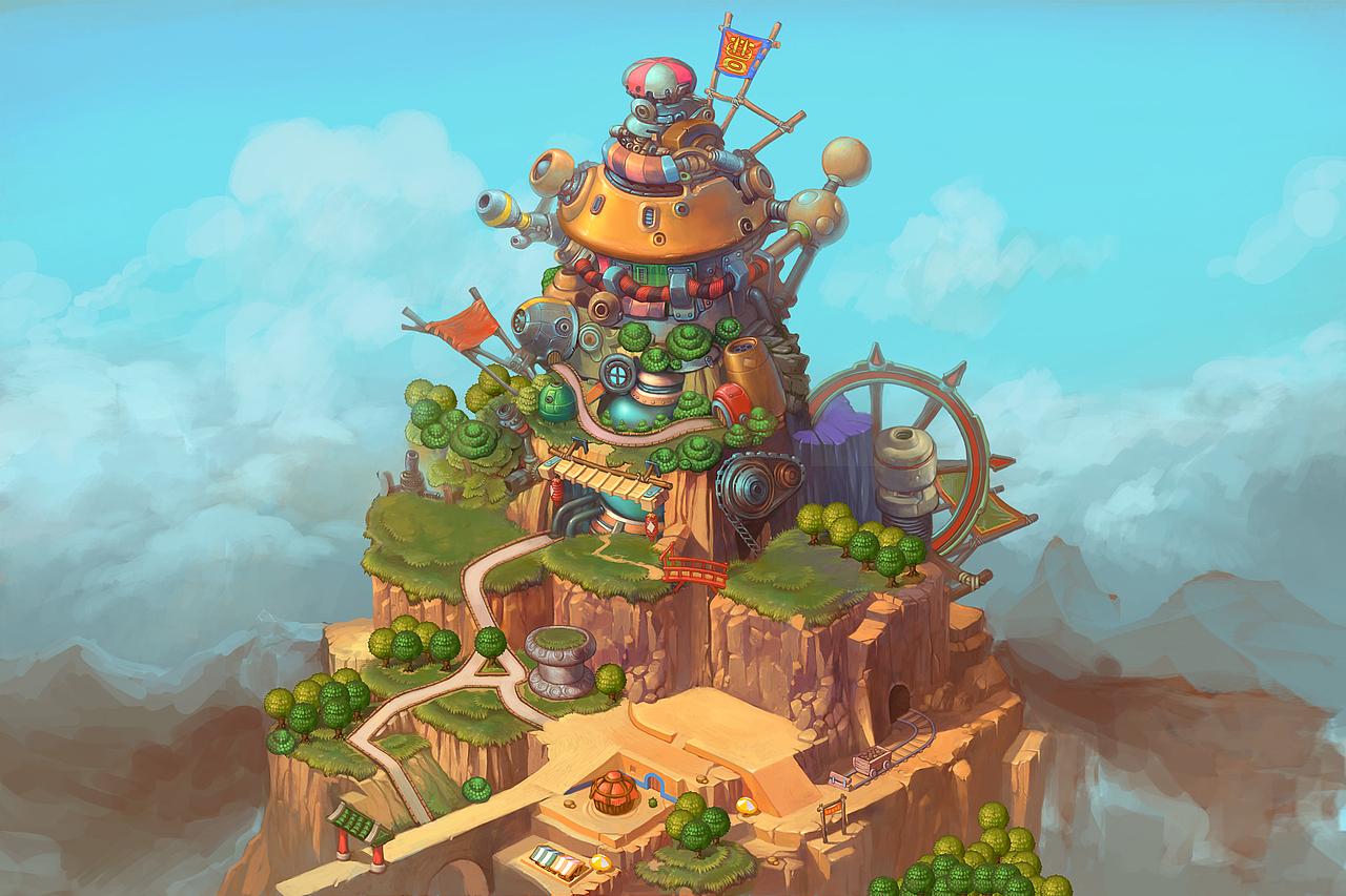 主界面场景第3稿,高山建筑风格,整体色调太单一.