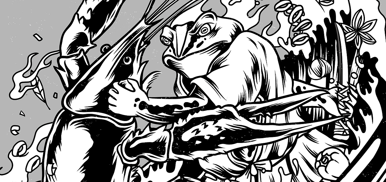 中国风墙体插画设计《龙蛙大战》