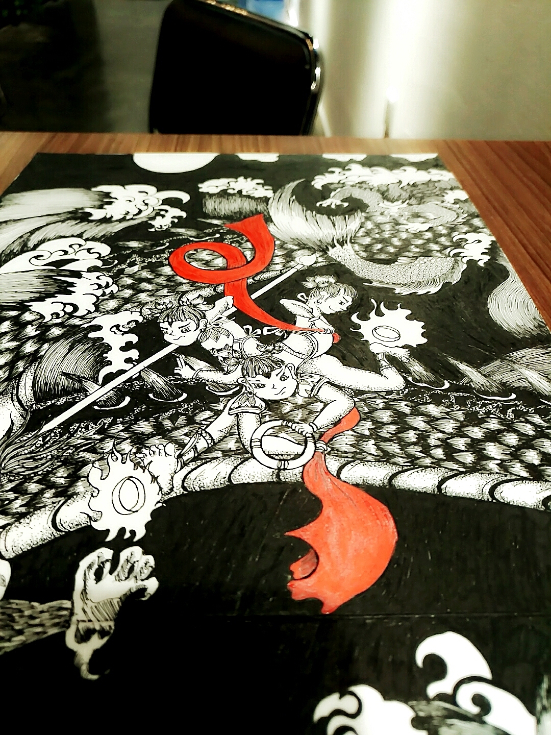 中国风系列长卷_手绘_黑白_纹身_插画