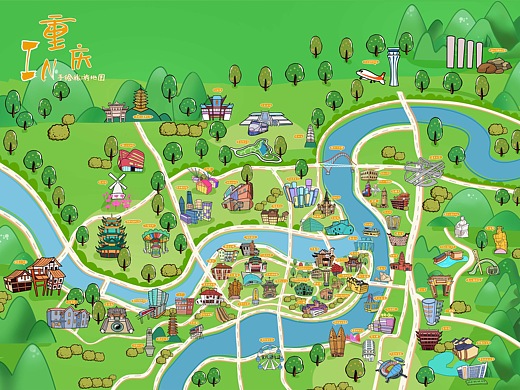 重庆q版可爱风格手绘卡通地图