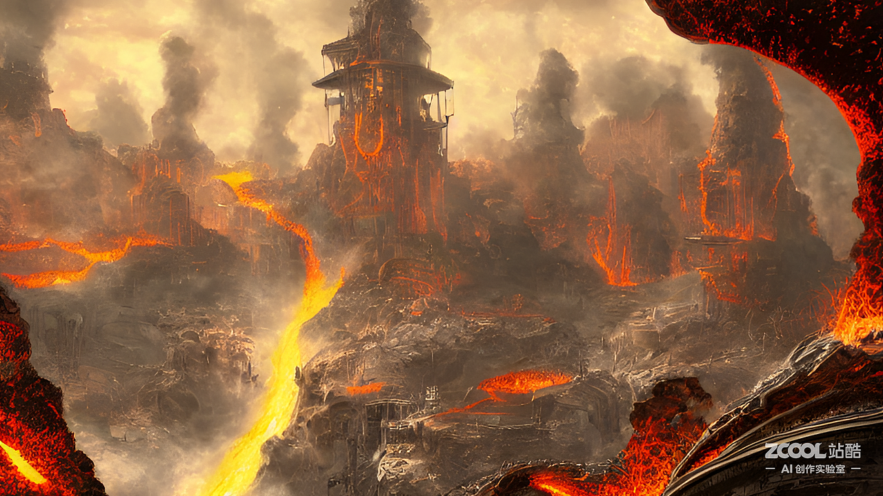 #AI创作实验室#蒸汽朋克城市,1000米的熔岩瀑布（图ZMzIxOTM3NzY0） - AI作品 - 站酷设计师yhsjscxz原创素材 - 站酷ZCOOL