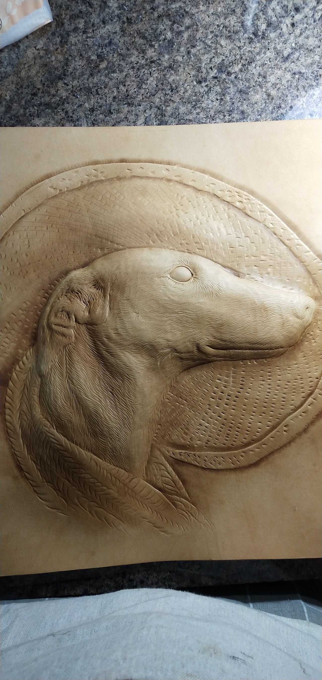 孟璐璐手工皮雕工作室-惠比特犬肖像皮雕