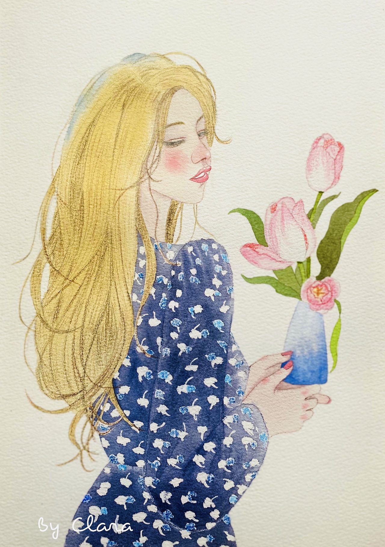 手捧郁金香的妹纸