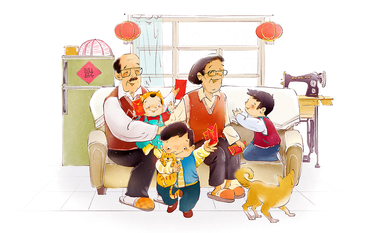 压岁钱:画面画着一对老爷爷老奶奶在给晚辈发压岁钱,不同年龄段的小